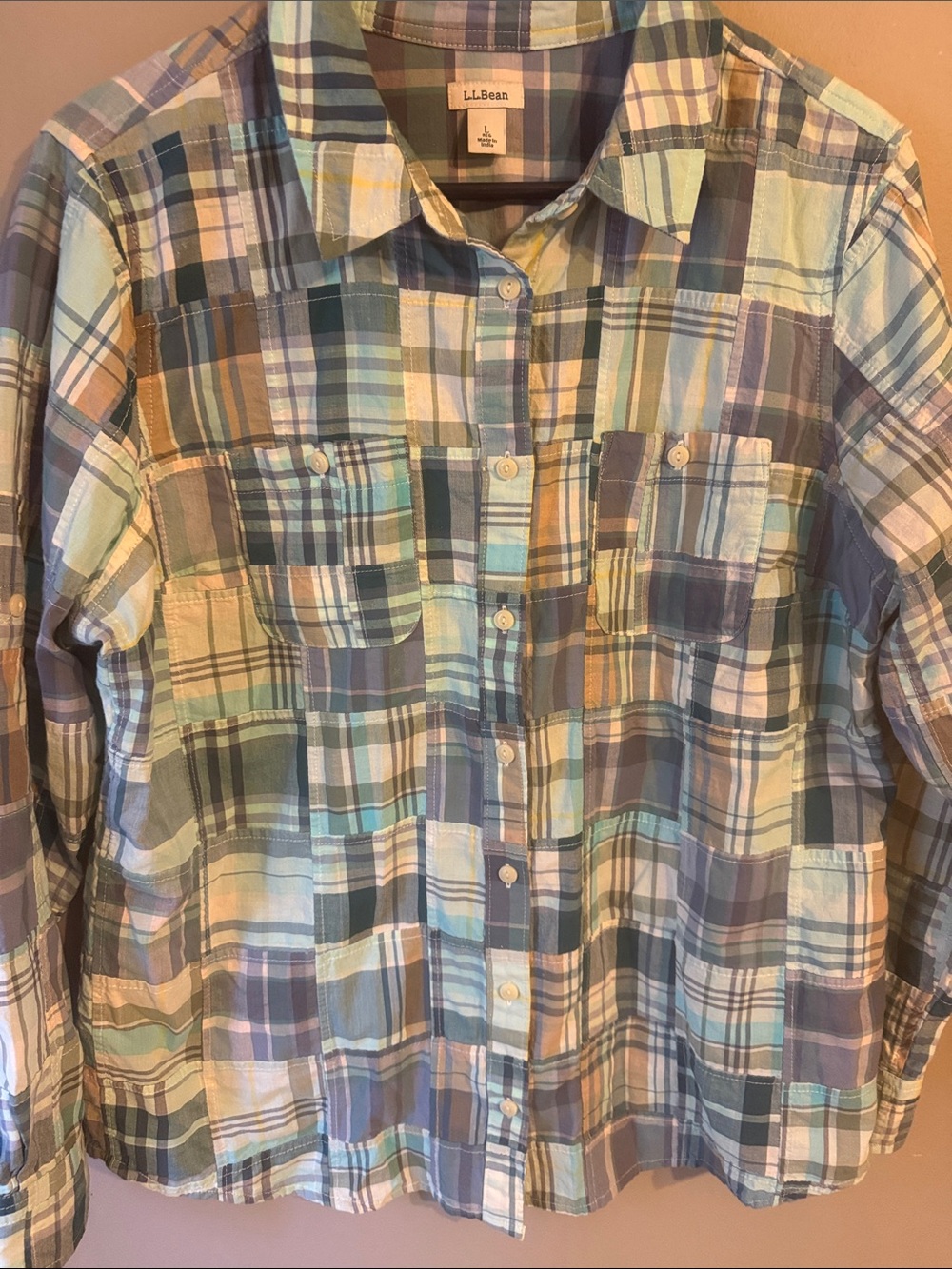 L. L. Bean Madras Patchwork Plaid Button Down Shirt.  Size large. - Picture 4 of 10